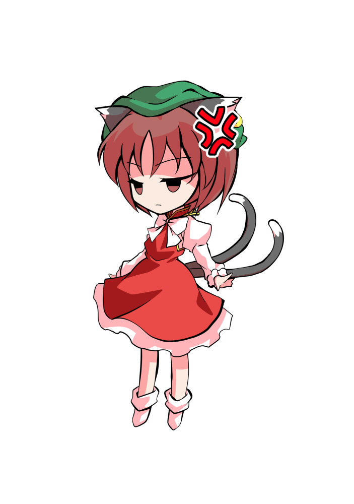 dairi, chen, touhou, commentary request, large variant set, variant set, 1girl, animal ears, brown hair, cat ears, cat girl, cat tail, chibi, chibi only, dress, full body, green hat, hat, juliet sleeves, long sleeves, neck ribbon, puffy sleeves, red dress, ribbon, shirt, short hair, socks, solo, tachi-e, tail, transparent background, white ribbon, white shirt, white socks