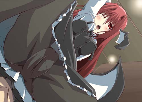 shin'ya (nanp), koakuma, embodiment of scarlet devil, touhou, lowres, 1girl, cameltoe, female focus, head wings, long hair, one eye closed, panties, panties under pantyhose, pantyhose, pantyshot, red hair, solo, underwear, upskirt, wings, wink