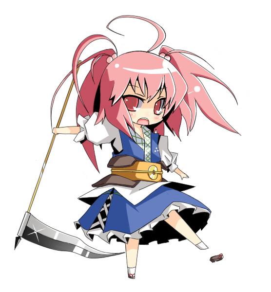 kitsune (artist), kitsune (scaz), onozuka komachi, touhou, 1girl, chibi, female focus, full body, pink hair, scythe, short hair, simple background, solo, standing, white background