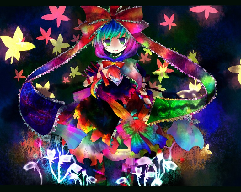 kazu (muchuukai), kagiyama hina, touhou, bad id, bad pixiv id, 1girl, colorful, female focus, front ponytail, glowing, green hair, ponytail, ribbon, shaded face, solo, standing