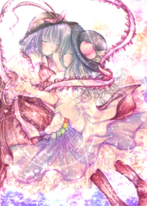 kasuga sunao, hinanawi tenshi, nagae iku, touhou, bad id, bad pixiv id, 2girls, blue hair, female focus, food, fruit, hat, long hair, multiple girls, peach, purple hair, ribbon, short hair