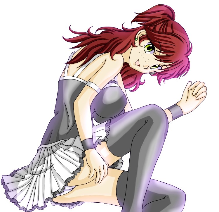 taka913, taka (pixiv), nena trinity, gundam, gundam 00, 00s, breasts, freckles, large breasts, panties, red hair, skirt, solo, thighhighs, underwear, yellow eyes
