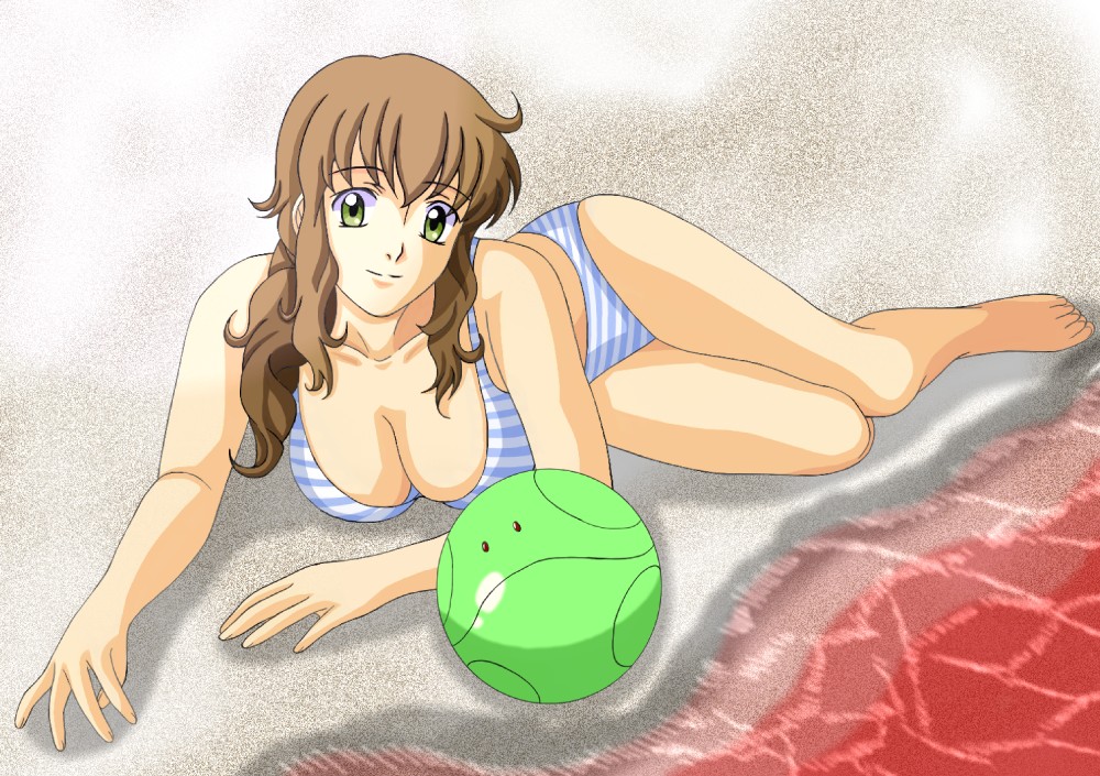 taka913, taka (pixiv), christina sierra, haro, gundam, gundam 00, 00s, 1girl, ball, barefoot, beach, bikini, breasts, brown hair, cleavage, closed mouth, female focus, green eyes, large breasts, long hair, lying, on stomach, sand, smile, solo, striped bikini, striped clothes, swimsuit
