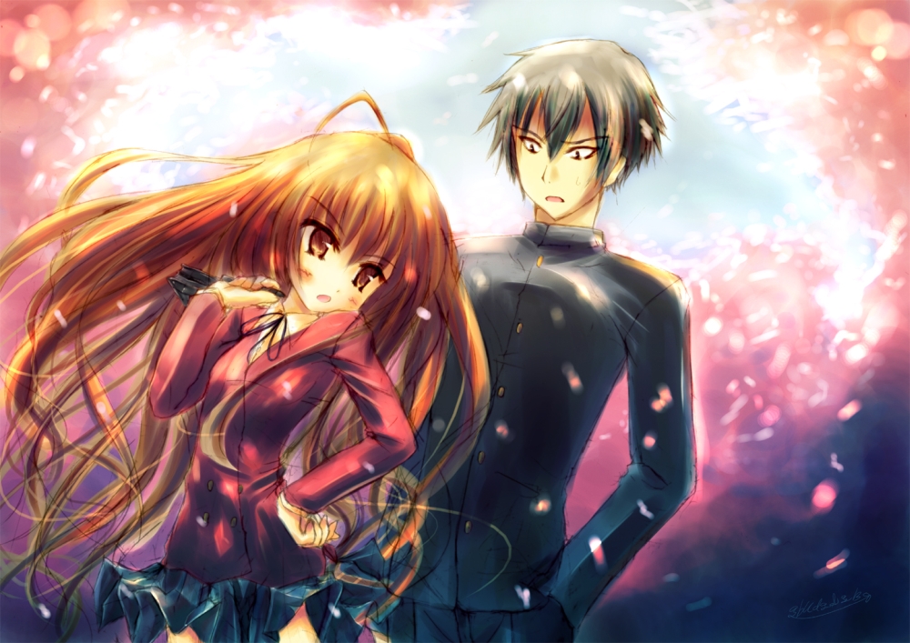 abudala, aisaka taiga, takasu ryuuji, toradora!, 00s, black hair, blush, brown hair, cherry blossoms, long hair, school uniform, serafuku