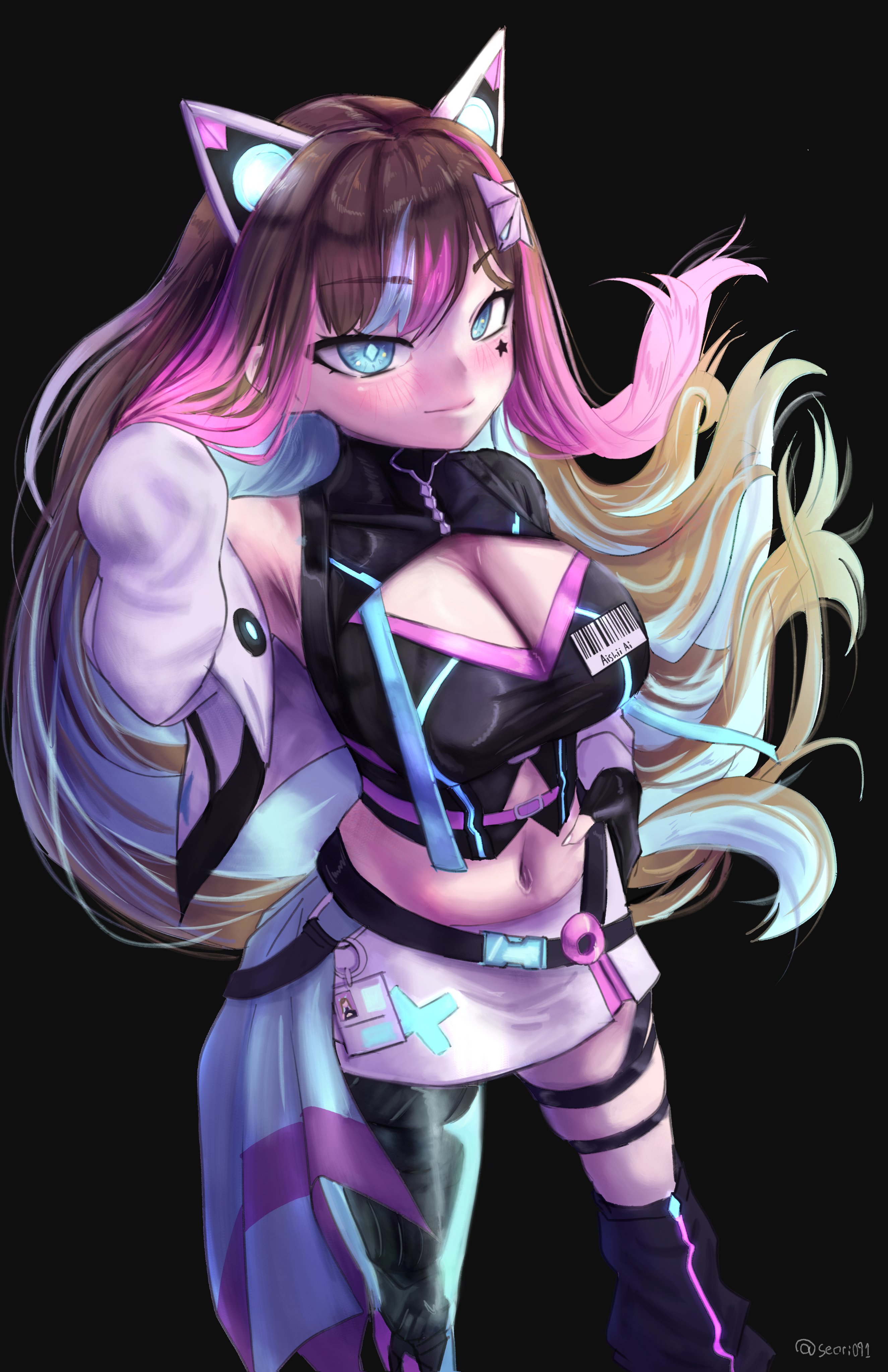 seori091, aishii ai, animal ears, aqua eyes, aqua hair, armpits, artist name, black background, blush, breasts, brown hair, cat ears, cleavage, cowboy shot, crop top, fake animal ears, hair streaks, large breasts, long hair, looking at viewer, mechanical legs, multicolored hair, navel, pink hair, skirt, star (symbol), star sticker, sticker, virtual youtuber, white skirt