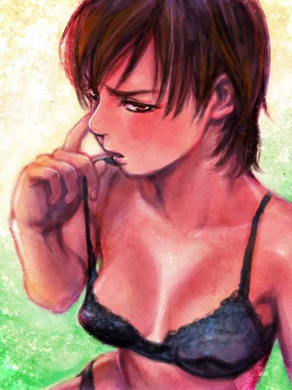 kishizuka kenji, bad id, bad pixiv id, 1girl, blush, bra, breasts, brown eyes, brown hair, cleavage, female focus, lingerie, medium breasts, nipples, panties, short hair, solo, underwear, underwear only