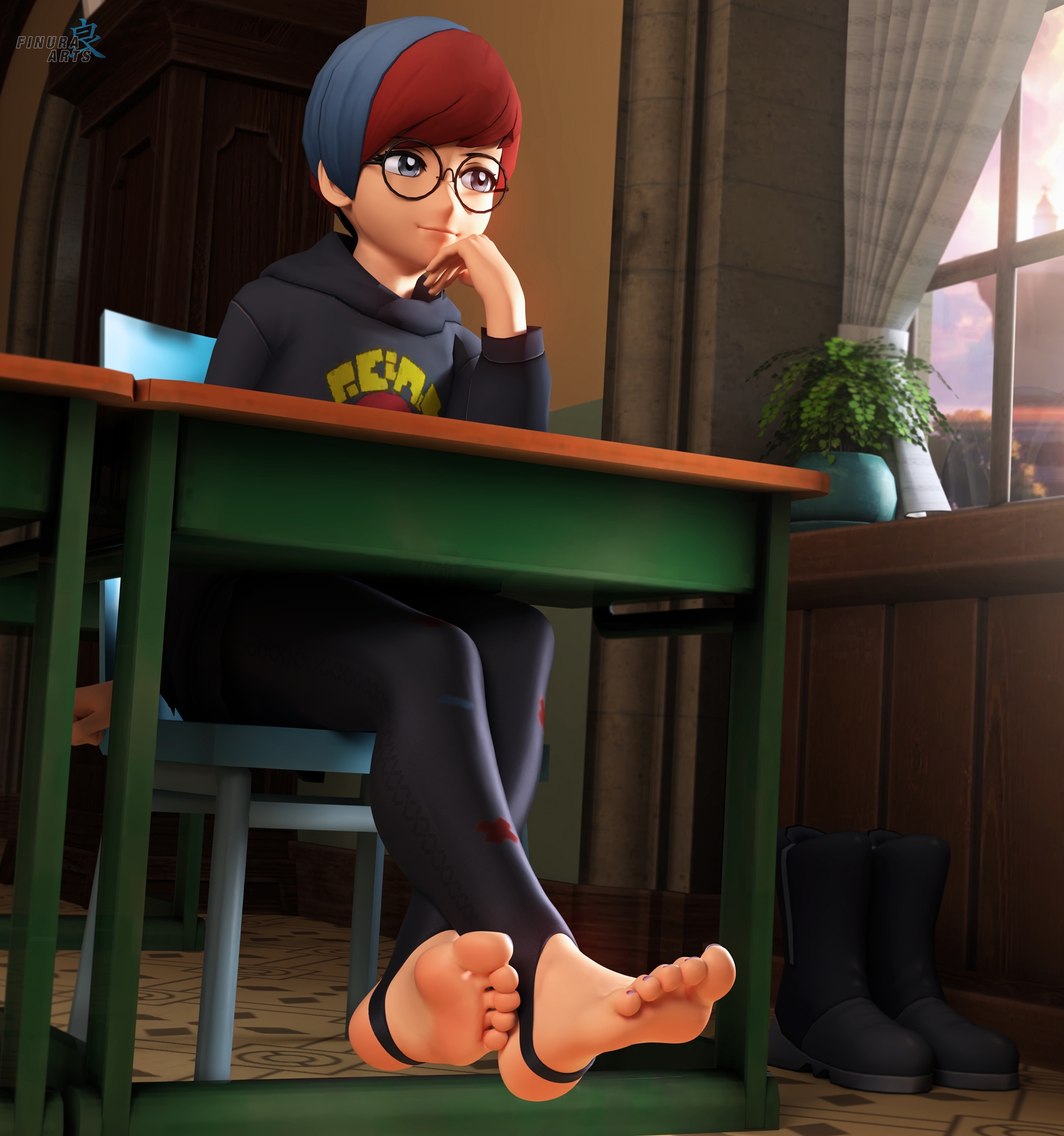 penny (pokemon), nintendo, pokemon, pokemon sv, commentary, english commentary, highres, 1girl, 3d, blue hair, chair, closed mouth, desk, feet, finuraarts, glasses, grey eyes, hood, hoodie, indoors, long sleeves, multicolored hair, on chair, pantyhose, red hair, round eyewear, school desk, short hair, solo, stirrup legwear, toeless legwear, toes, two-tone hair