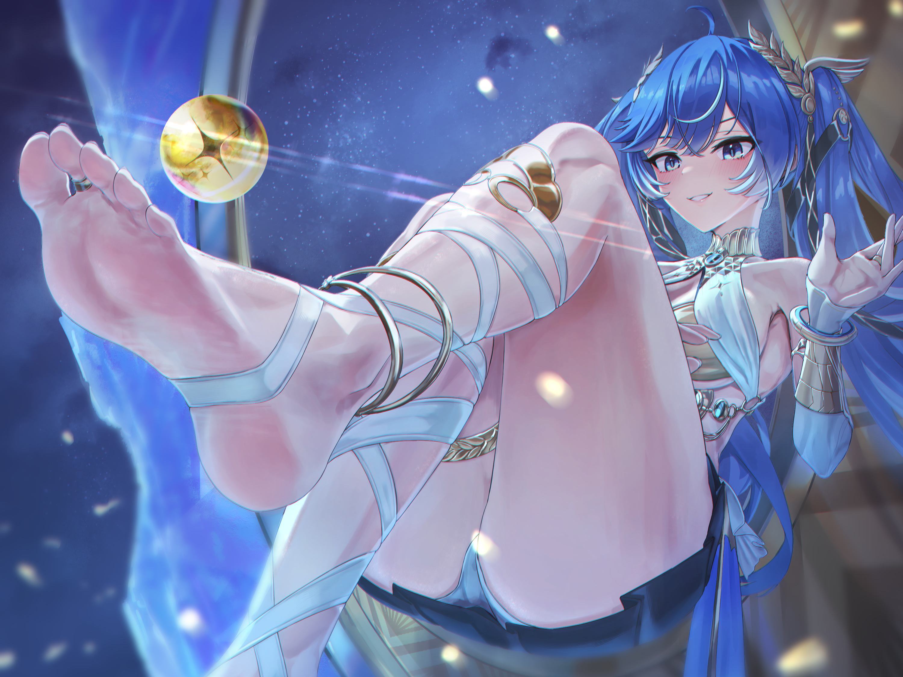 purufa, iuno (wuthering waves), wuthering waves, commentary request, derivative work, highres, screenshot redraw, 1girl, bare shoulders, barefoot, black skirt, blue eyes, blue hair, breasts, feet, foot focus, foreshortening, gold bra, hair belt, hand up, head wreath, jewelry, leg wrap, long hair, looking at viewer, medium breasts, miniskirt, orb, parted lips, presenting foot, skirt, smile, soles, solo, thighlet, thighs, toe ring, toes, twintails