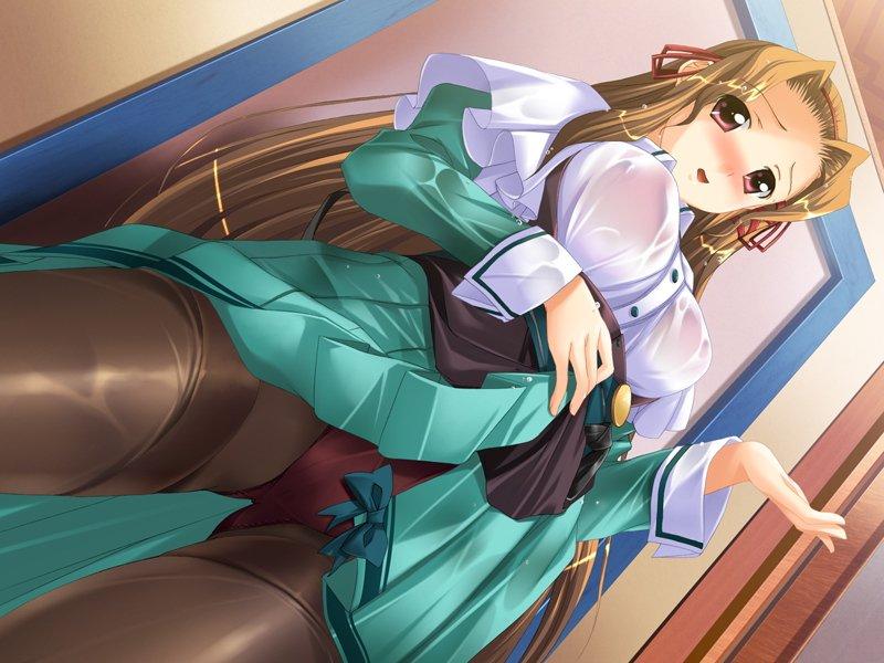 yukirin, satou miruku, >>fami! kyou no menu wa lesson c, fami! kyou no menu wa lesson c, game cg, 1girl, blush, brown hair, clothes lift, dutch angle, female focus, long hair, panties, panties under pantyhose, pantyhose, pantyshot, red eyes, school uniform, see-through clothes, serafuku, skirt, skirt lift, solo, thighband pantyhose, underwear, upskirt, wet, wet clothes