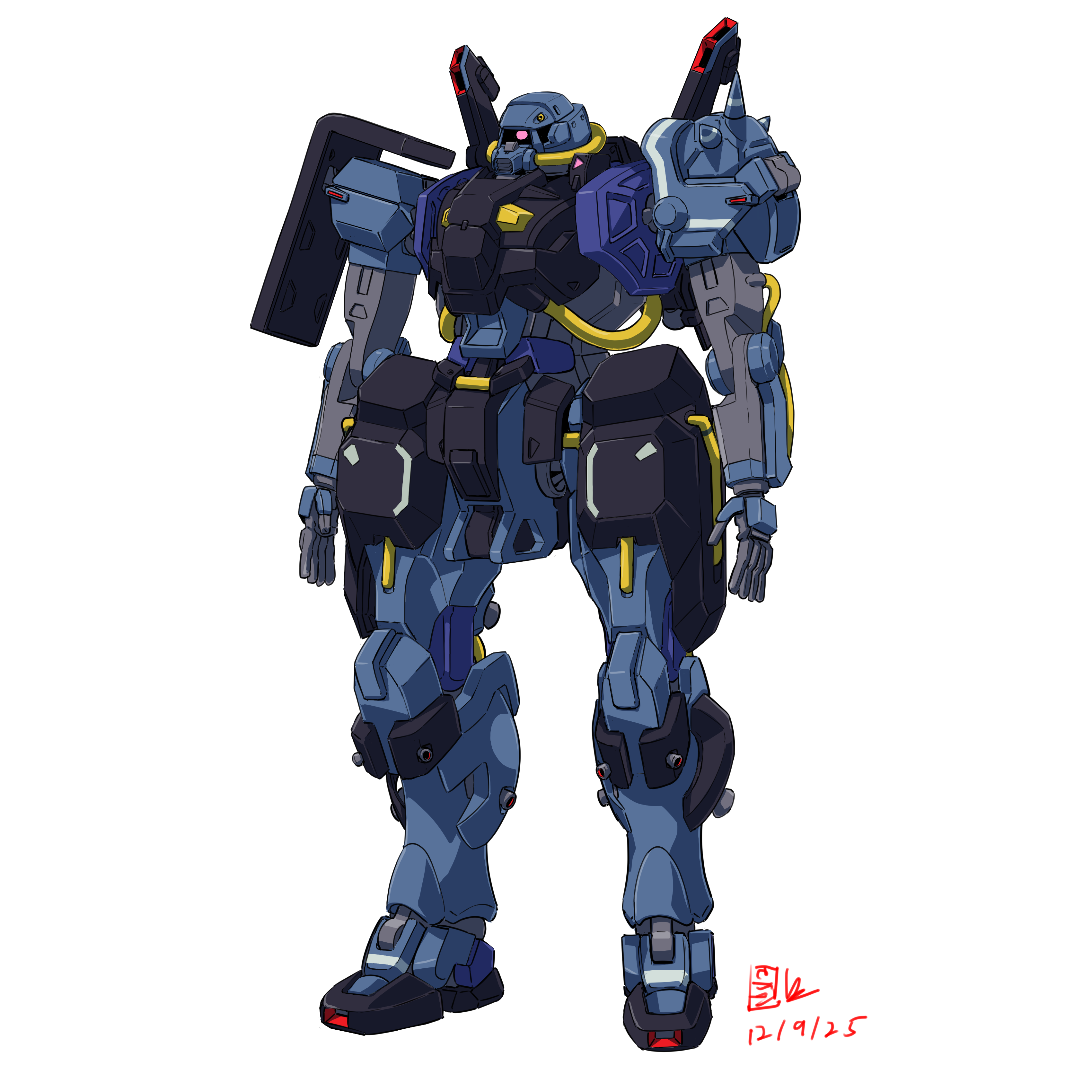 pravin rao santheran, hizack, gundam, gundam gquuuuuux, zeta gundam, absurdres, highres, 2025, cable, crossover, dated, earth federation, machinery, mecha, mecha focus, mobile suit, no humans, one-eyed, robot, science fiction, signature, white background