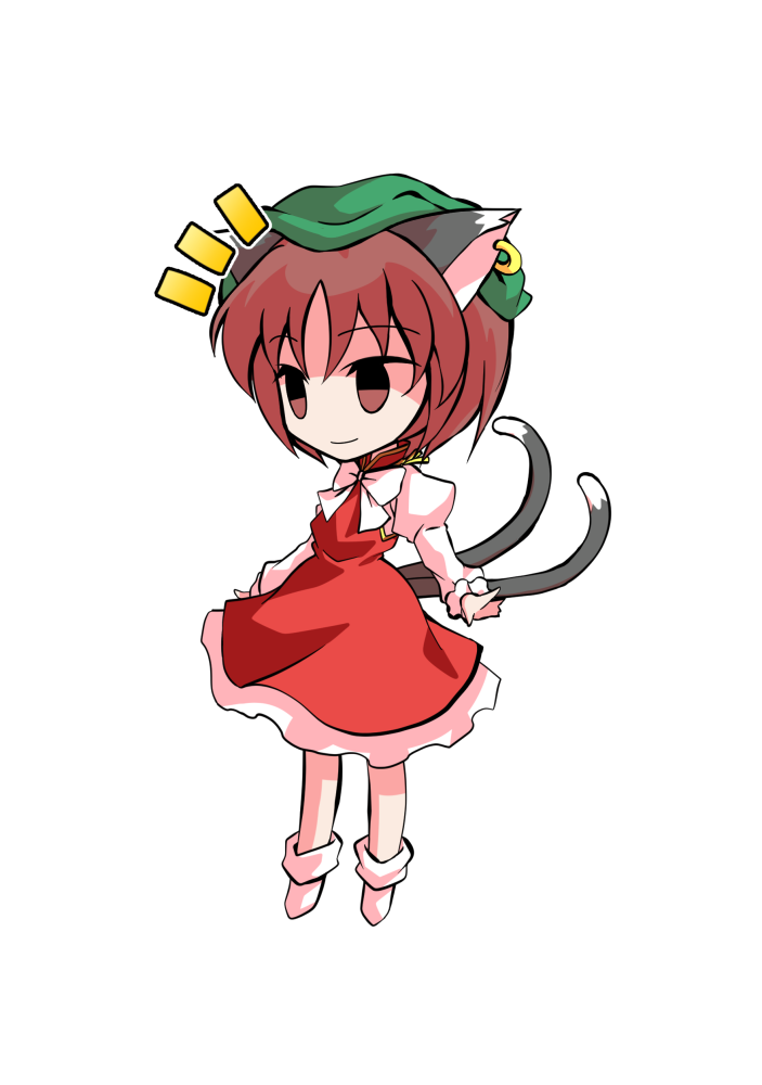 dairi, chen, touhou, commentary request, large variant set, variant set, 1girl, animal ears, brown hair, cat ears, cat girl, cat tail, chibi, chibi only, dress, full body, green hat, hat, juliet sleeves, long sleeves, neck ribbon, puffy sleeves, red dress, ribbon, shirt, short hair, socks, solo, tachi-e, tail, transparent background, white ribbon, white shirt, white socks