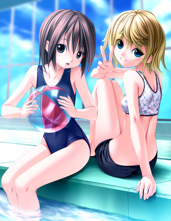 rezi, original, bad id, bad pixiv id, 2girls, back, ball, beachball, bikini, blonde hair, blue eyes, flat chest, legs, looking at viewer, looking back, multiple girls, one-piece swimsuit, pool, poolside, school swimsuit, short hair, sitting, soaking feet, swimsuit, v, water