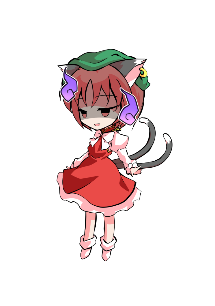 dairi, chen, touhou, commentary request, large variant set, variant set, 1girl, animal ears, brown hair, cat ears, cat girl, cat tail, chibi, chibi only, dress, full body, green hat, hat, juliet sleeves, long sleeves, neck ribbon, puffy sleeves, red dress, ribbon, shirt, short hair, socks, solo, tachi-e, tail, transparent background, white ribbon, white shirt, white socks