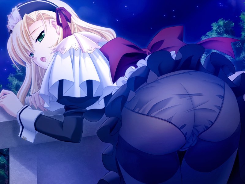 kishi nisen, tobato marina, ore to kanojo wa shujuu na kankei, game cg, 1girl, ass, balcony, bent over, blonde hair, bow, female focus, from behind, green eyes, hairband, long hair, looking back, maid, maid headdress, night, night sky, open mouth, outdoors, panties, panties under pantyhose, pantyhose, ribbon, sky, solo, star (sky), star (symbol), starry sky, thighband pantyhose, underwear
