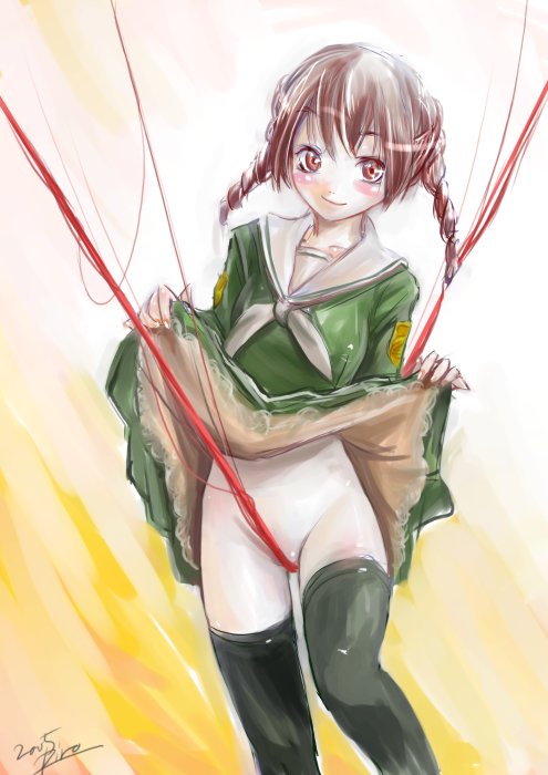 piro (artist), piro (piro r), 1girl, 2005, black thighhighs, blush, brown hair, clothes lift, crotch rub, dress, dress lift, drill hair, female focus, no panties, red eyes, rope, school uniform, serafuku, signature, skirt, skirt lift, smile, solo, thighhighs, twintails