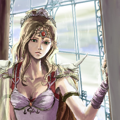 rosa farrell, final fantasy, final fantasy iv, lowres, 1990s (style), 1girl, armor, blonde hair, breasts, bridal gauntlets, circlet, cleavage, crown, expressionless, female focus, green eyes, long hair, oekaki, pauldrons, retro artstyle, shoulder armor, solo, window