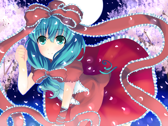 shiraki ai, kagiyama hina, touhou, bad id, bad pixiv id, 1girl, female focus, green hair, long hair, outdoors, petals, plant, ribbon, sky, solo, tree