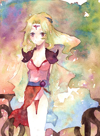 rosa farrell, final fantasy, final fantasy iv, lowres, 1990s (style), 1girl, armor, arms behind back, bad anatomy, belt, blush, breasts, cape, cleavage, closed mouth, cowboy shot, female focus, forehead jewel, leotard, long hair, purple eyes, railing, retro artstyle, shoulder pads, shoulder spikes, small breasts, smile, solo, spikes, standing