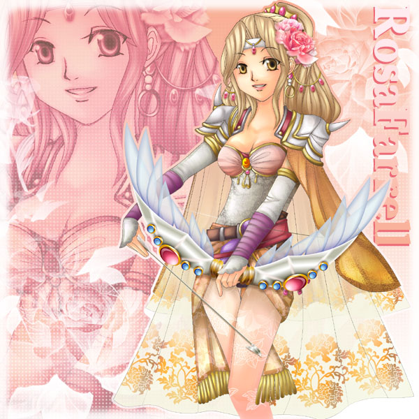 kaokuma, rosa farrell, final fantasy, final fantasy iv, 1990s (style), 1girl, arrow (projectile), bad anatomy, bow (weapon), breasts, cape, cleavage, detached sleeves, female focus, flower, medium breasts, poorly drawn, retro artstyle, solo, thighhighs, weapon