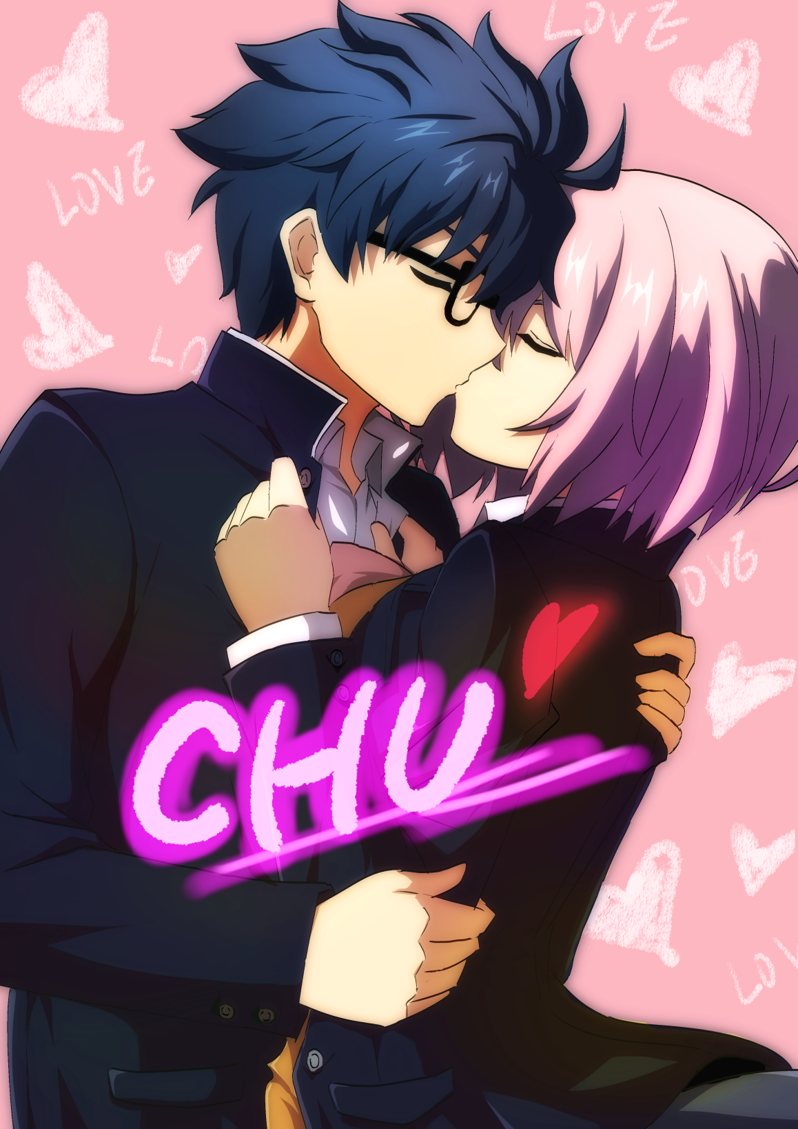 mash kyrielight, tohno shiki, fate/grand order, fate (series), melty blood, tsukihime, highres, 1boy, 1girl, black hair, breast press, breasts, closed eyes, english text, glasses, heart, hug, kiss, large breasts, purple hair, school uniform, short hair