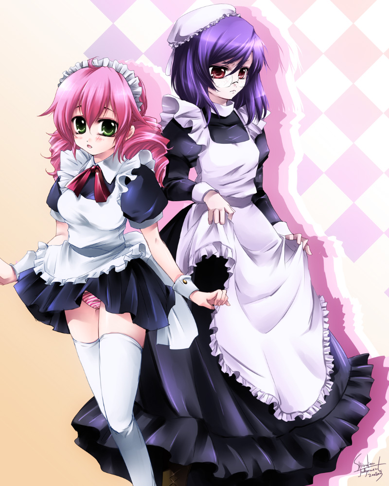 feldt grace, tieria erde, gundam, gundam 00, 00s, 1boy, 1girl, apron, dress, glasses, maid, maid apron, panties, pink hair, purple hair, striped clothes, striped panties, thighhighs, underwear