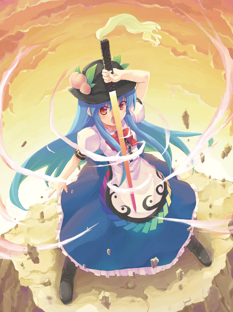 minamura haruki, hinanawi tenshi, touhou, 1girl, blue hair, female focus, floating, floating object, food, from above, frown, fruit, hat, long hair, looking at viewer, open mouth, peach, red eyes, ribbon, rock, serious, solo, sunset, sword, sword of hisou, weapon