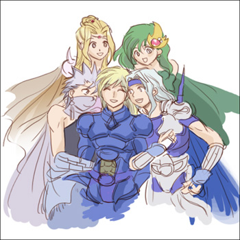 cain highwind, cecil harvey, edward geraldine, rosa farrell, rydia (adult) (ff4), rydia (ff4), final fantasy, final fantasy iv, lowres, 1990s (style), 2girls, 3boys, aged up, blonde hair, green hair, multiple boys, multiple girls, retro artstyle, white hair