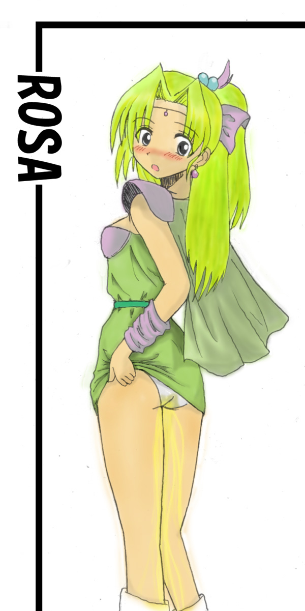 rosa farrell, final fantasy, final fantasy iv, highres, non-web source, 1990s (style), 1girl, blonde hair, blush, cape, clothes lift, female focus, panties, pencil skirt, retro artstyle, skirt, skirt lift, solo, underwear