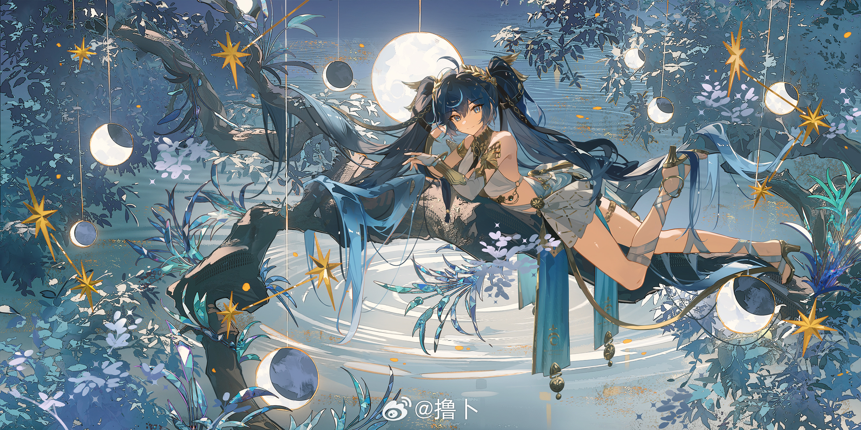 toto (caaaaarrot), iuno (wuthering waves), wuthering waves, highres, 1girl, ahoge, ancient greek clothes, armlet, bare shoulders, blue eyes, blue hair, closed mouth, from side, full moon, gladiator sandals, greco-roman clothes, hair between eyes, head rest, head wreath, jewelry, long hair, looking at viewer, looking to the side, lying on branch, missing commentary, moon, multicolored hair, on branch, ripples, sandals, smile, solo, streaked hair, thighlet, thighs, twintails, very long hair, water