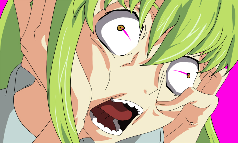 pairu, c.c., code geass, 1girl, crazy, female focus, green hair, open mouth, parody, portrait, simple background, solo, teeth, tongue