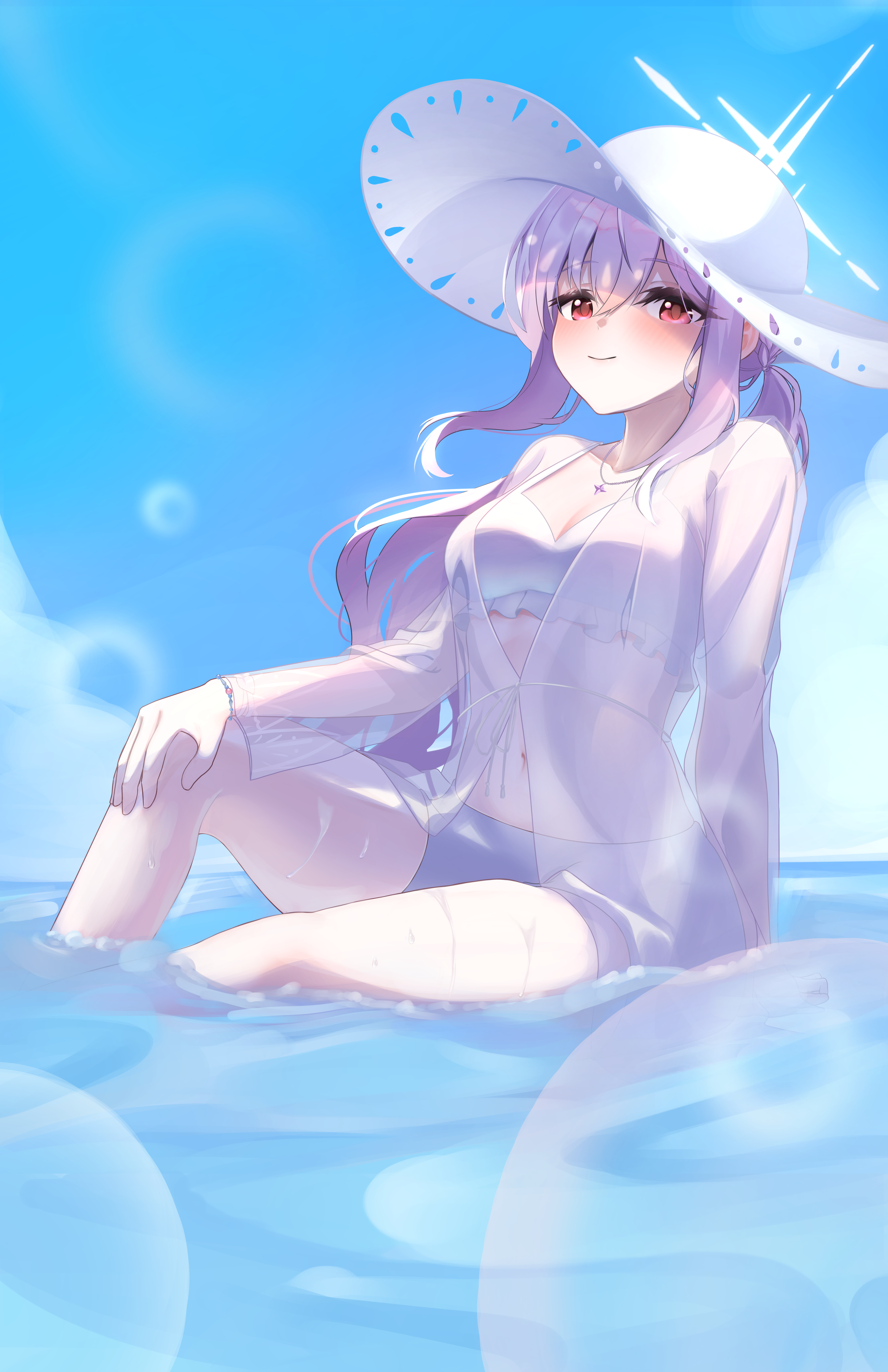 xi., atsuko (blue archive), atsuko (swimsuit) (blue archive), blue archive, absurdres, highres, 1girl, bikini, blush, closed mouth, hair between eyes, hat, long hair, looking at viewer, low ponytail, ocean, official alternate costume, official alternate hairstyle, ponytail, purple hair, red eyes, sarong, shirt, sidelocks, smile, solo, sun hat, swimsuit, wet, white bikini, white hat, white sarong, white shirt