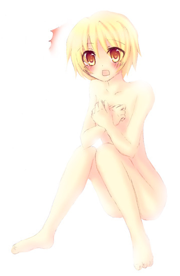 mizuno yun, houjou satoko, higurashi no naku koro ni, 00s, 1girl, barefoot, blonde hair, female focus, nude, red eyes, short hair, sitting, solo, surprised