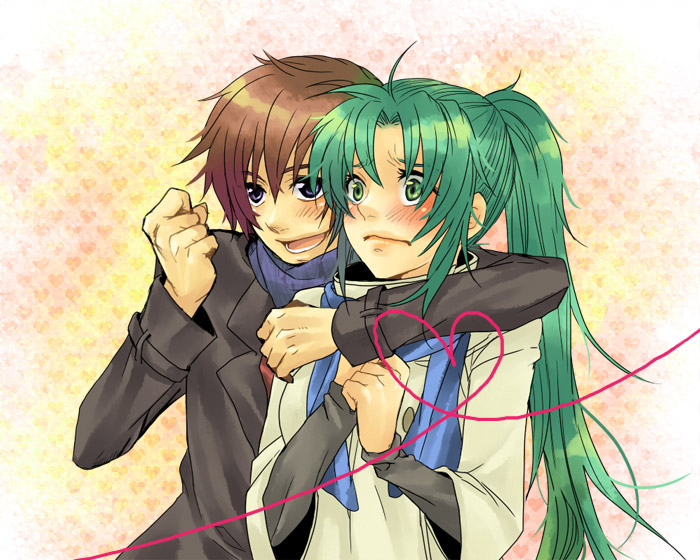 maebara keiichi, sonozaki mion, higurashi no naku koro ni, 00s, 1boy, 1girl, couple, hetero, hug, ponytail, scarf
