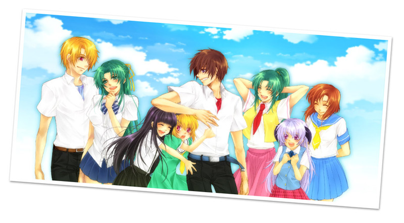 furude rika, hanyuu, houjou satoko, houjou satoshi, maebara keiichi, ryuuguu rena, sonozaki mion, sonozaki shion, higurashi no naku koro ni, 00s, 2boys, 6+girls, blonde hair, cloud, day, multiple boys, multiple girls, photo (object), siblings, sisters, sky, twins