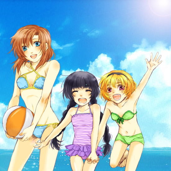 furude rika, houjou satoko, ryuuguu rena, higurashi no naku koro ni, third-party edit, 00s, 3girls, armpits, ball, beach, beachball, bikini, black hair, blonde hair, blue eyes, braid, brown hair, closed eyes, day, holding hands, lens flare, multiple girls, ocean, one-piece swimsuit, outdoors, red eyes, side-tie bikini bottom, standing, striped clothes, striped one-piece swimsuit, swimsuit, twin braids