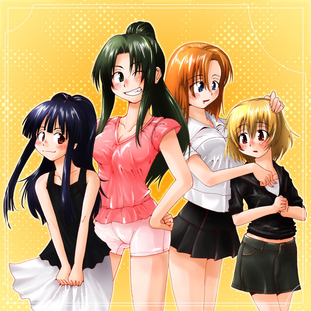 asatana, furude rika, houjou satoko, ryuuguu rena, sonozaki mion, higurashi no naku koro ni, 00s, 4girls, alternate hairstyle, blonde hair, blue eyes, blue hair, blush, breasts, cleavage, collarbone, contemporary, dress, green eyes, green hair, grin, hand on another's head, hand on own hip, large breasts, long hair, medium breasts, miniskirt, multiple girls, one eye closed, orange hair, own hands clasped, own hands together, pencil skirt, ponytail, red eyes, short hair, skirt, smile, standing, v arms