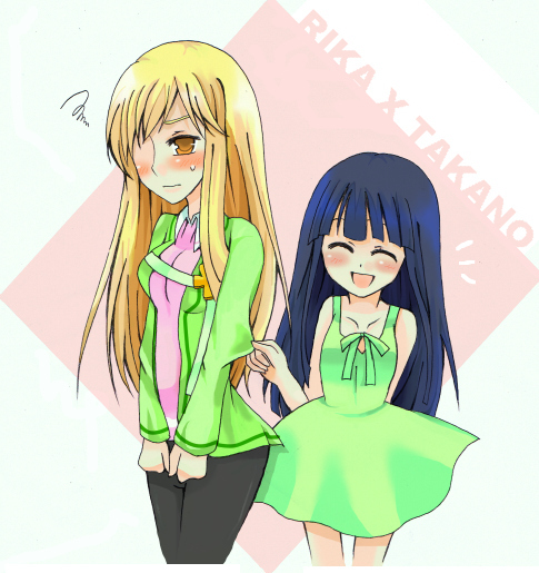 furude rika, takano miyo, higurashi no naku koro ni, grabbing, 00s, 2girls, age difference, black pants, blonde hair, blue hair, blunt bangs, blush, brown eyes, child, cowboy shot, dress, embarrassed, green dress, green skirt, happy, hime cut, multiple girls, onee-loli, pants, ribbon, simple background, skirt, smile, yuri