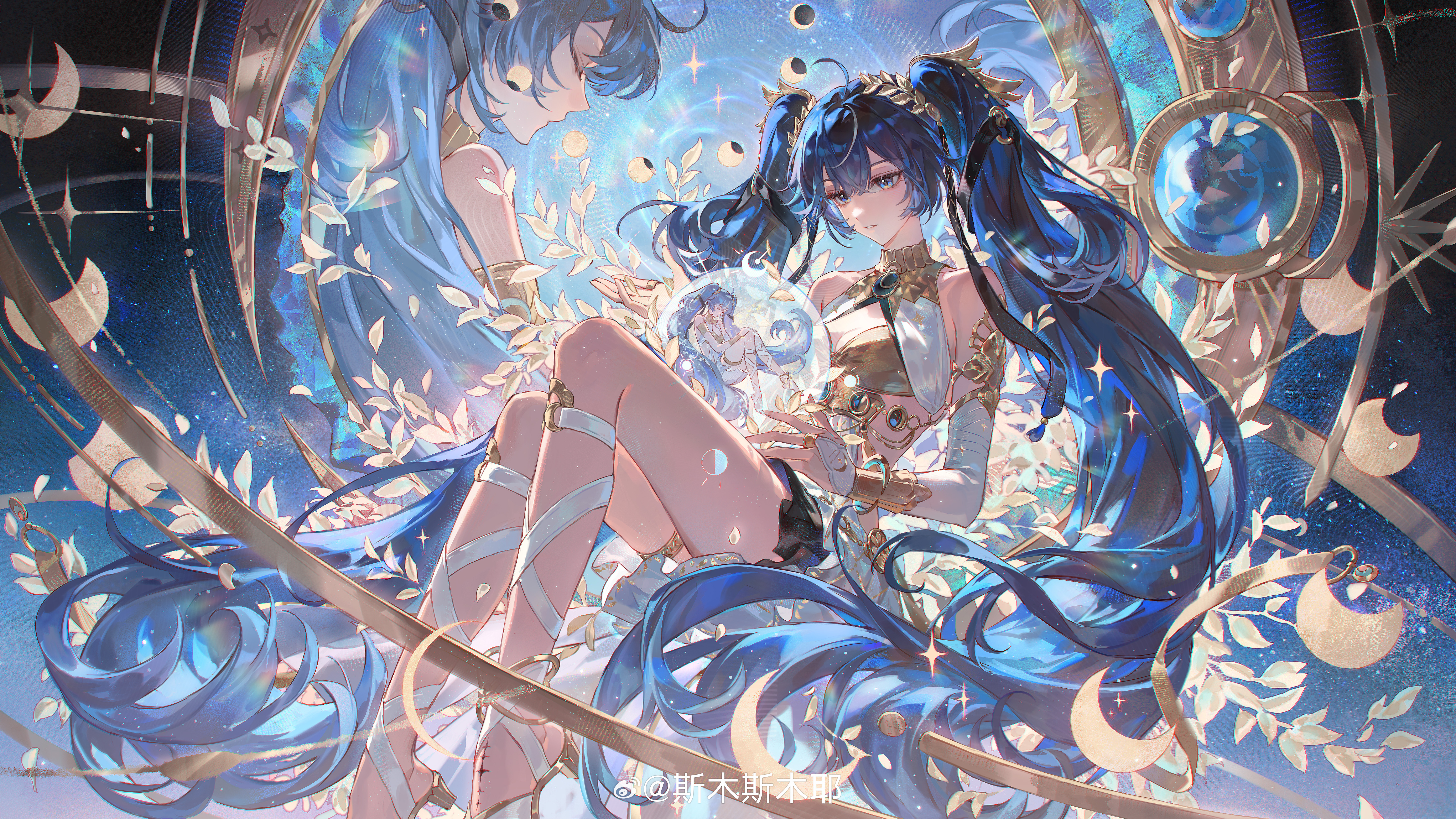 smusmuye, iuno (wuthering waves), wuthering waves, absurdres, highres, 1girl, ahoge, ancient greek clothes, armlet, bare shoulders, black skirt, blue eyes, blue hair, breasts, cleavage, closed mouth, gladiator sandals, gold bra, greco-roman clothes, hair belt, head wreath, jewelry, long hair, medium breasts, missing commentary, multiple views, orb, sandals, skirt, tacet mark (wuthering waves), thighlet, thighs, twintails, very long hair