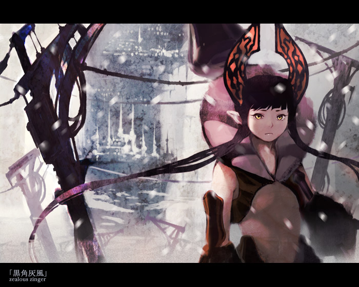 sakamoto himemi, bad id, bad pixiv id, black hair, dress, letterboxed, long hair, pointy ears, snow, solo, yellow eyes