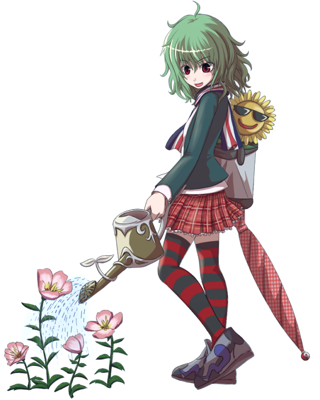 tori rui, kazami yuuka, rozen maiden, touhou, 00s, 1girl, alternate costume, closed umbrella, dancing flower, female focus, flower, green hair, plaid clothes, plaid skirt, red eyes, school uniform, short hair, skirt, solo, striped clothes, striped thighhighs, sunflower, sunglasses, thighhighs, umbrella, unmoving pattern, watering can, zettai ryouiki