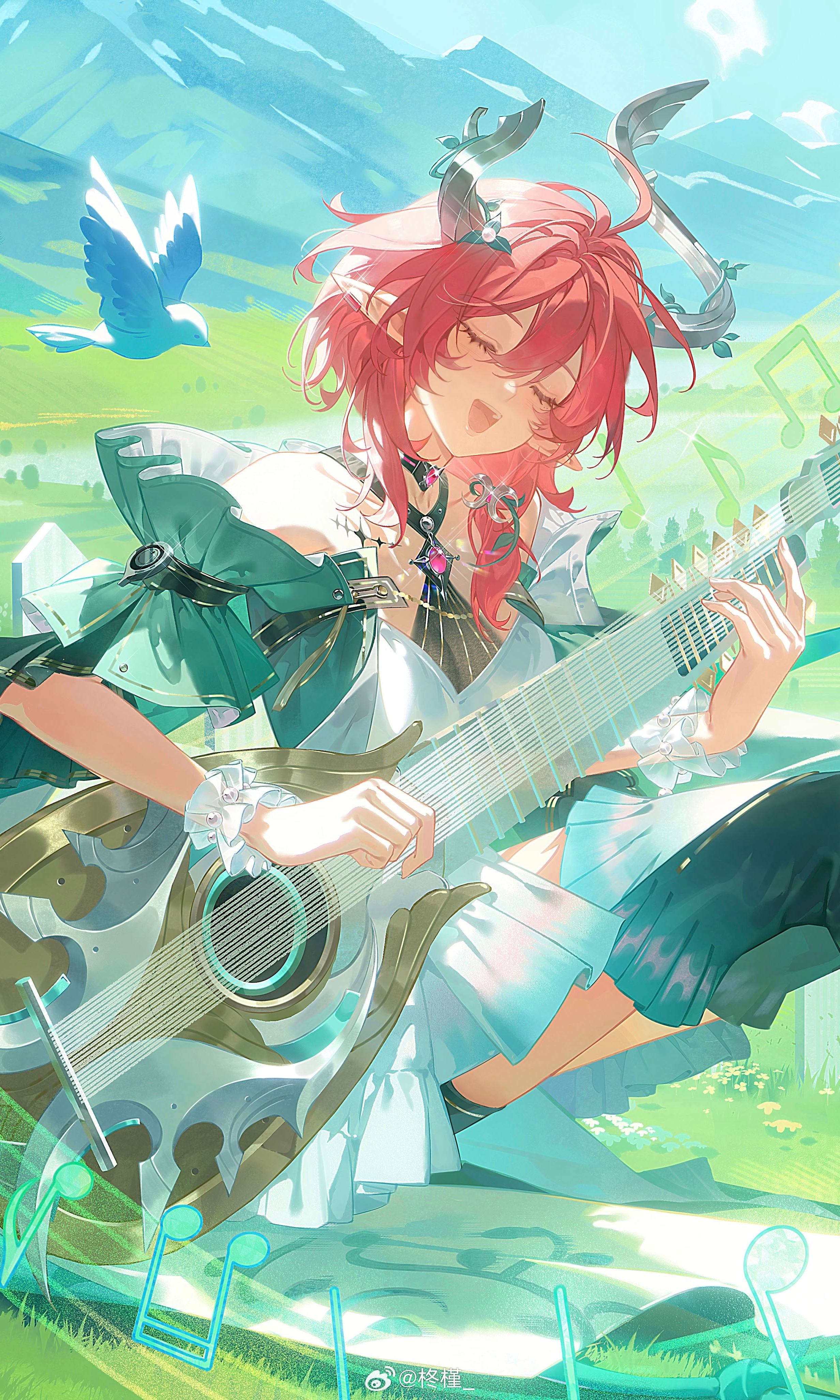 zhongjin, ciaccona (wuthering waves), wuthering waves, absurdres, highres, 1girl, bare shoulders, beamed eighth notes, bird, boots, breasts, closed eyes, dress, feet out of frame, green boots, green jacket, hair between eyes, instrument, jacket, knees up, medium breasts, missing commentary, mountainous horizon, music, musical note, open mouth, outdoors, playing instrument, pointy ears, red hair, sidelocks, sitting, smile, solo, tacet mark (wuthering waves), thigh boots, thighs, tree horns, white bird, white dress