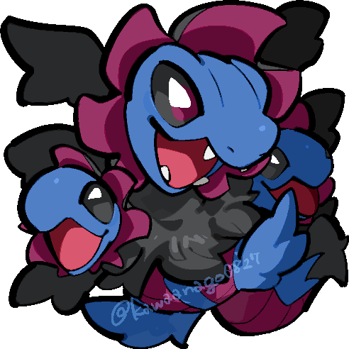 kawaanago, hydreigon, nintendo, pokemon, commentary request, lowres, black sclera, chibi, chibi only, colored sclera, fangs, full body, gen 5 pokemon, multiple heads, no humans, open mouth, pokemon (creature), pokemon focus, purple eyes, solo, transparent background, twitter username