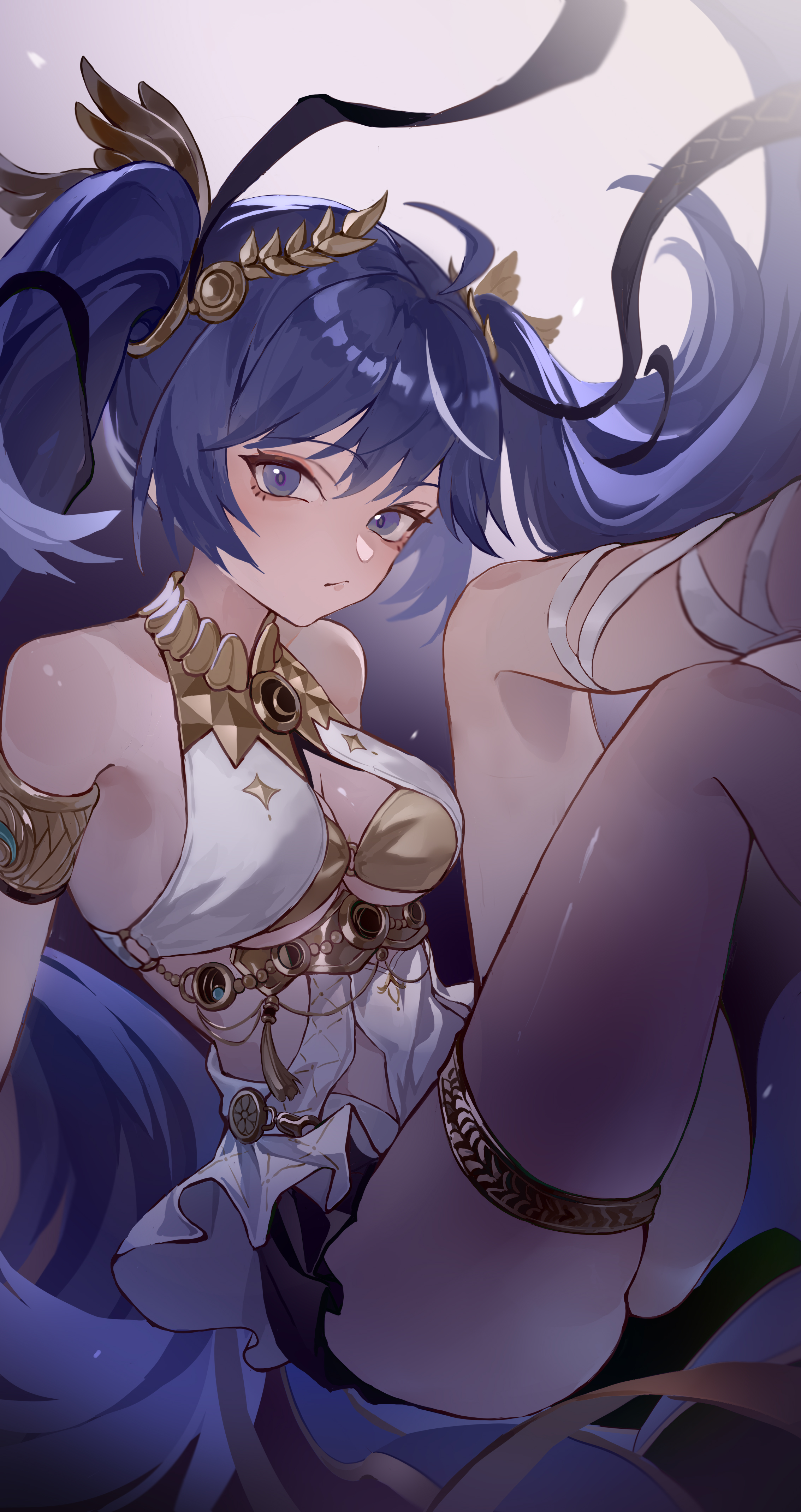 qilunuo, iuno (wuthering waves), wuthering waves, absurdres, commentary, highres, 1girl, ancient greek clothes, armlet, bare shoulders, black skirt, blue eyes, blue hair, breasts, cleavage, closed mouth, feet up, gold bra, greco-roman clothes, head wreath, jewelry, long hair, looking at viewer, medium breasts, multicolored hair, sitting, skirt, solo, streaked hair, thighlet, thighs, twintails, very long hair