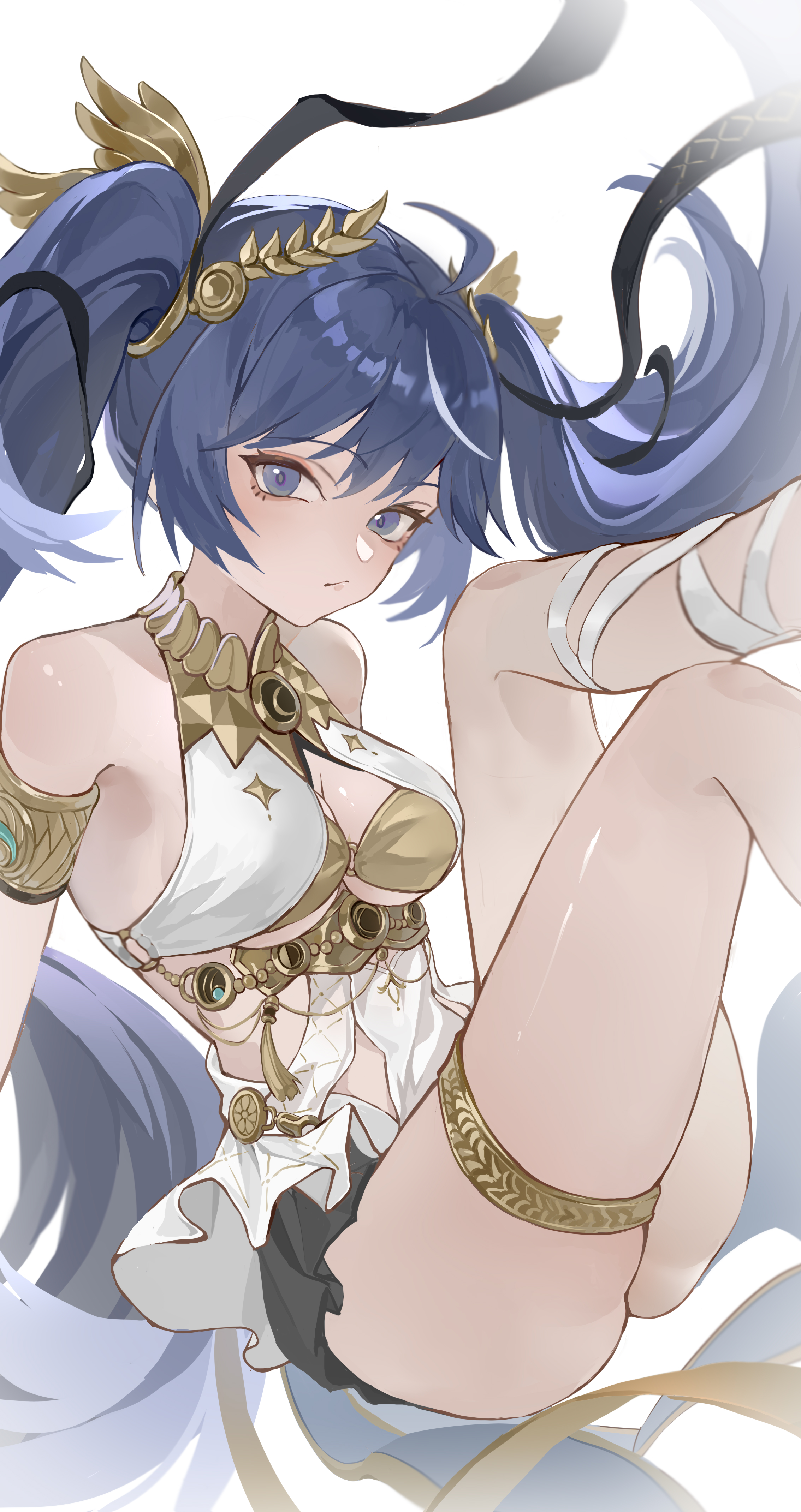 qilunuo, iuno (wuthering waves), wuthering waves, absurdres, commentary, highres, 1girl, ancient greek clothes, armlet, bare shoulders, black skirt, blue eyes, blue hair, breasts, cleavage, closed mouth, feet up, gold bra, greco-roman clothes, head wreath, jewelry, long hair, looking at viewer, medium breasts, multicolored hair, sitting, skirt, solo, streaked hair, thighlet, thighs, twintails, very long hair