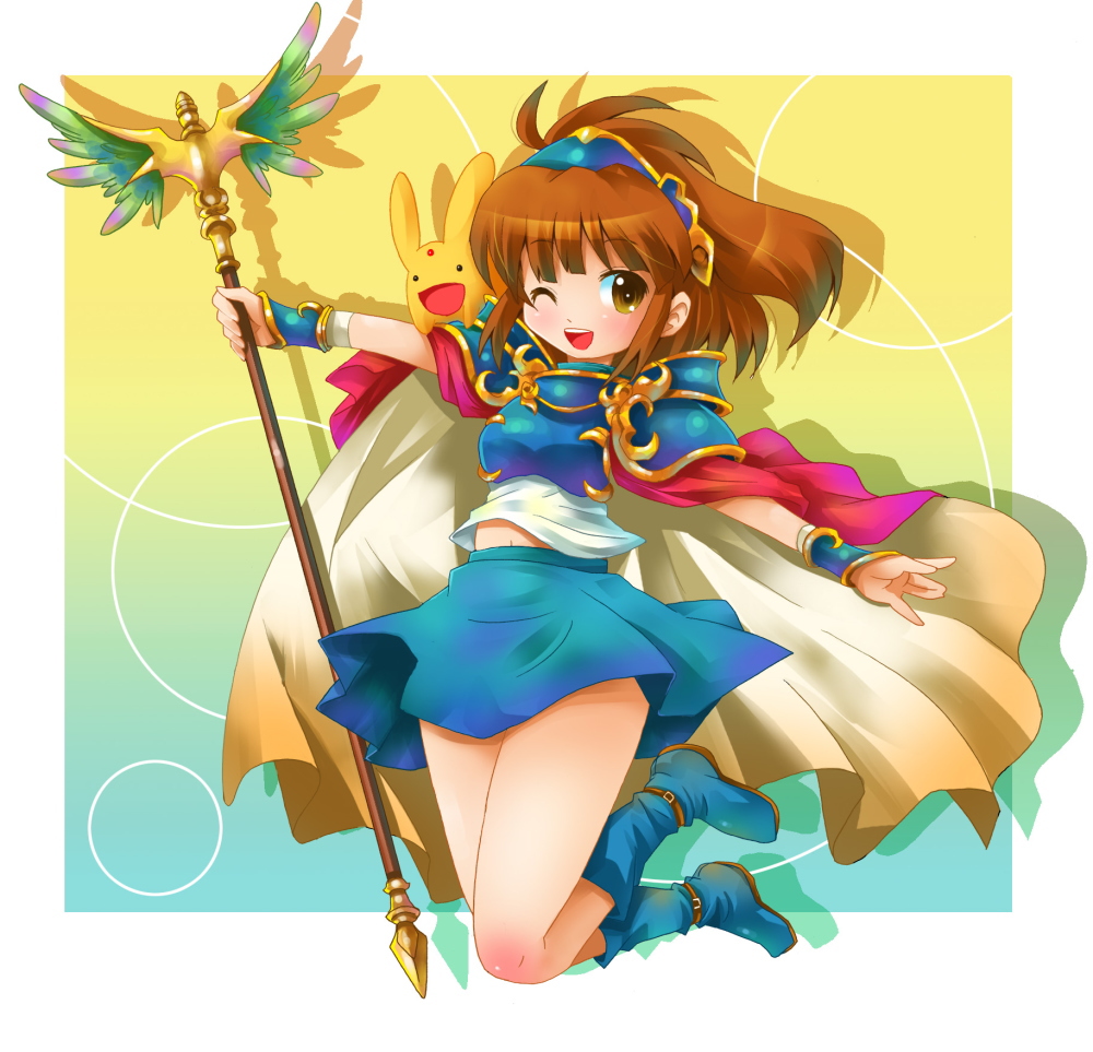 michii yuuki, arle nadja, carbuncle (puyopuyo), madou monogatari, puyopuyo, puyopuyo n, bad id, bad pixiv id, 1girl, aqua background, armor, armored dress, belt, blue skirt, blunt bangs, boots, brown hair, cape, dress, gradient background, navel, one eye closed, open mouth, shoulder pads, skirt, staff, yellow background, yellow eyes
