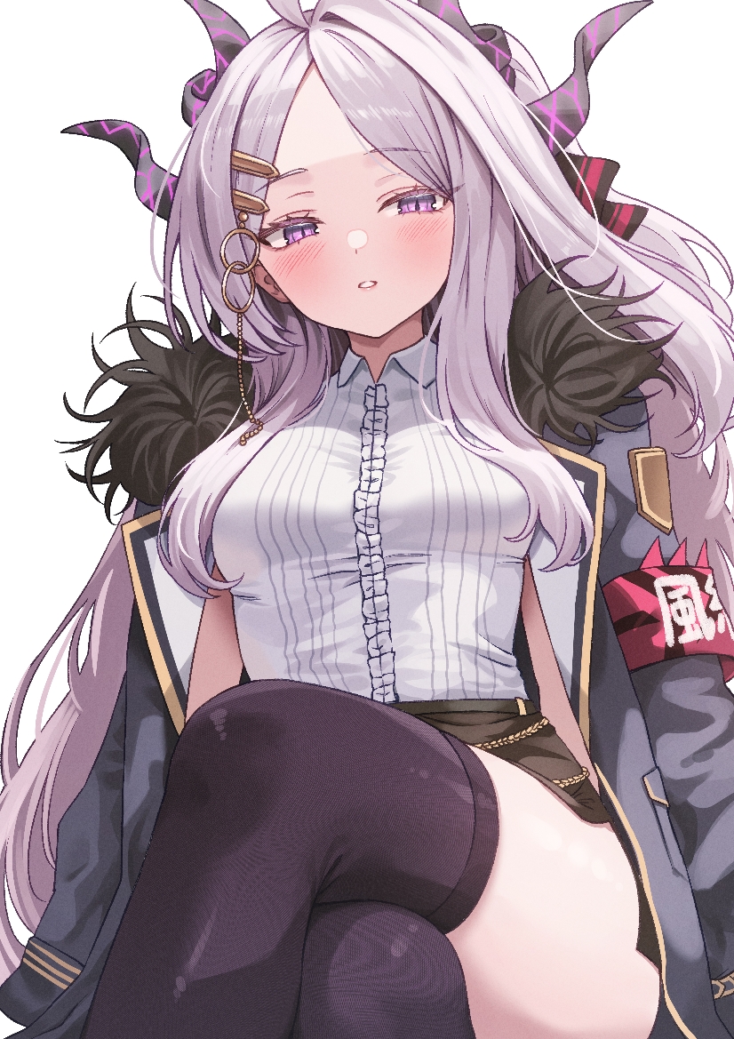 ryon y0421, hina (blue archive), blue archive, commentary, 1girl, ahoge, black jacket, black skirt, black thighhighs, blush, center frills, collared shirt, crossed legs, demon girl, demon horns, double-parted bangs, frills, fur-trimmed jacket, fur trim, grey hair, hair ornament, horns, jacket, jacket on shoulders, long hair, looking at viewer, parted lips, pencil skirt, purple eyes, purple thighhighs, shirt, simple background, sitting, skirt, sleeveless, sleeveless shirt, solo, thighhighs, white background, white shirt