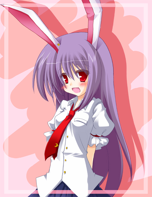 fuji tooya, fuji toya, reisen udongein inaba, touhou, 1girl, animal ears, blush, female focus, long hair, purple hair, rabbit ears, shirt, solo