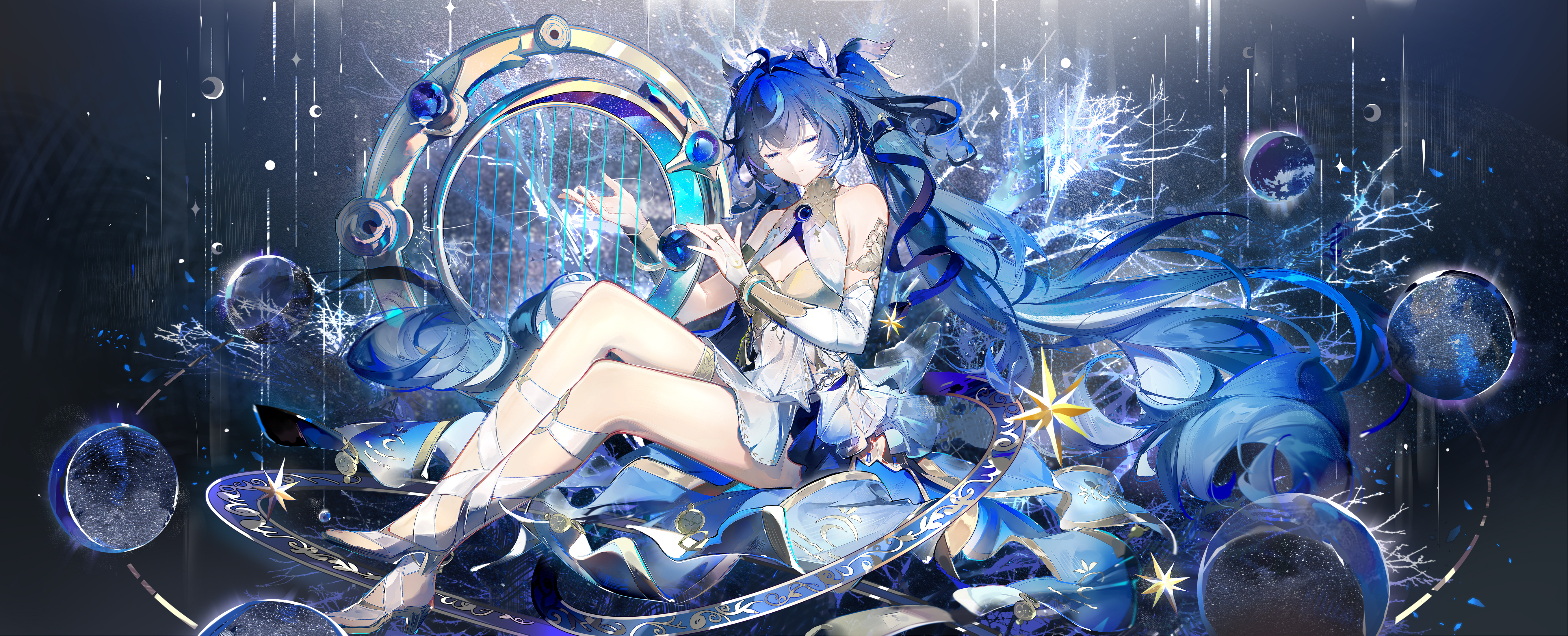 qianqianjie, iuno (wuthering waves), wuthering waves, absurdres, highres, 1girl, ahoge, armlet, bare shoulders, barefoot, black skirt, blue hair, breasts, cleavage, closed eyes, closed mouth, crossed legs, gold bra, hair belt, head wreath, jewelry, leg wrap, long hair, medium breasts, miniskirt, missing commentary, skirt, smile, solo, tacet mark (wuthering waves), thighlet, thighs, twintails, very long hair