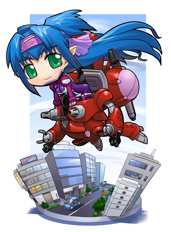 hirai yukio, klan klein, meltrandi, queadluun-rea, zentradi, macross, macross frontier, 00s, 1girl, armor, blue car, blue hair, building, car, chibi, flying, green eyes, headband, lamppost, leaning forward, long hair, mecha, mecha pilot suit, orange car, plant, pointy ears, power armor, power suit, purple headband, robot, sky, tree