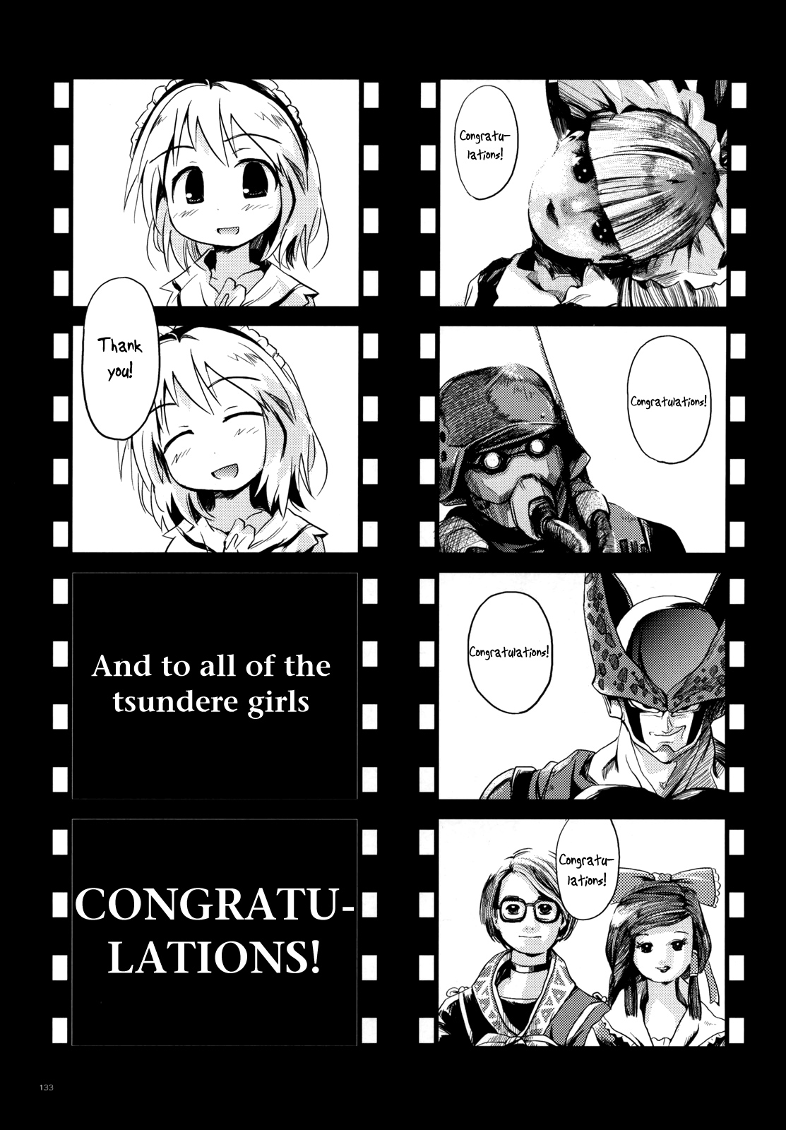 morogami ryou, alice margatroid, cell (dragon ball), hakurei reimu, kirisame marisa, morichika rinnosuke, dragon ball, dragonball z, jin-roh, jin roh, kerberos saga, neon genesis evangelion, touhou, hard-translated, highres, third-party edit, translated, 3boys, 3girls, comic, crossover, english text, greyscale, monochrome, multiple boys, multiple crossover, multiple girls, parody, thank you, tsundere